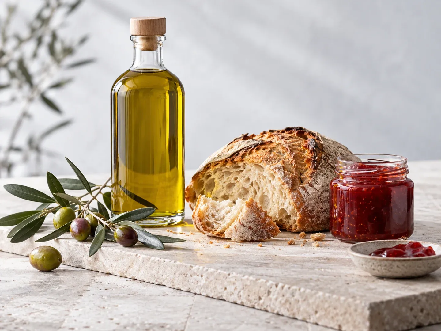 Productos de alimentación artesanal presentados sobre piedra clara