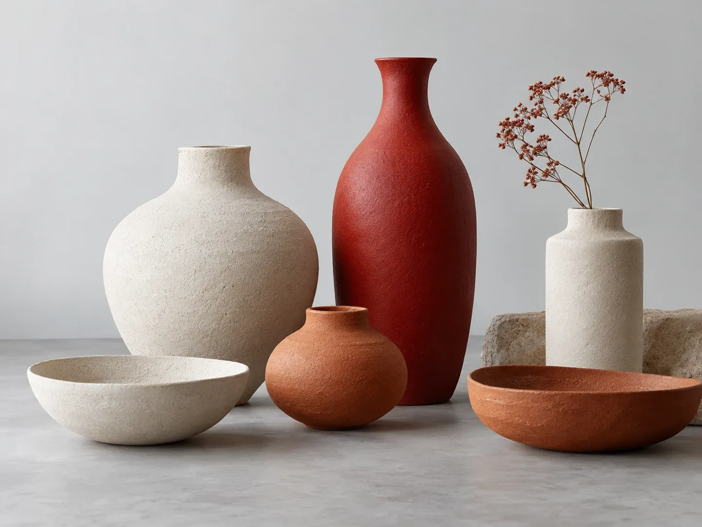Composición de piezas cerámicas artesanales en tonos claros y rojo