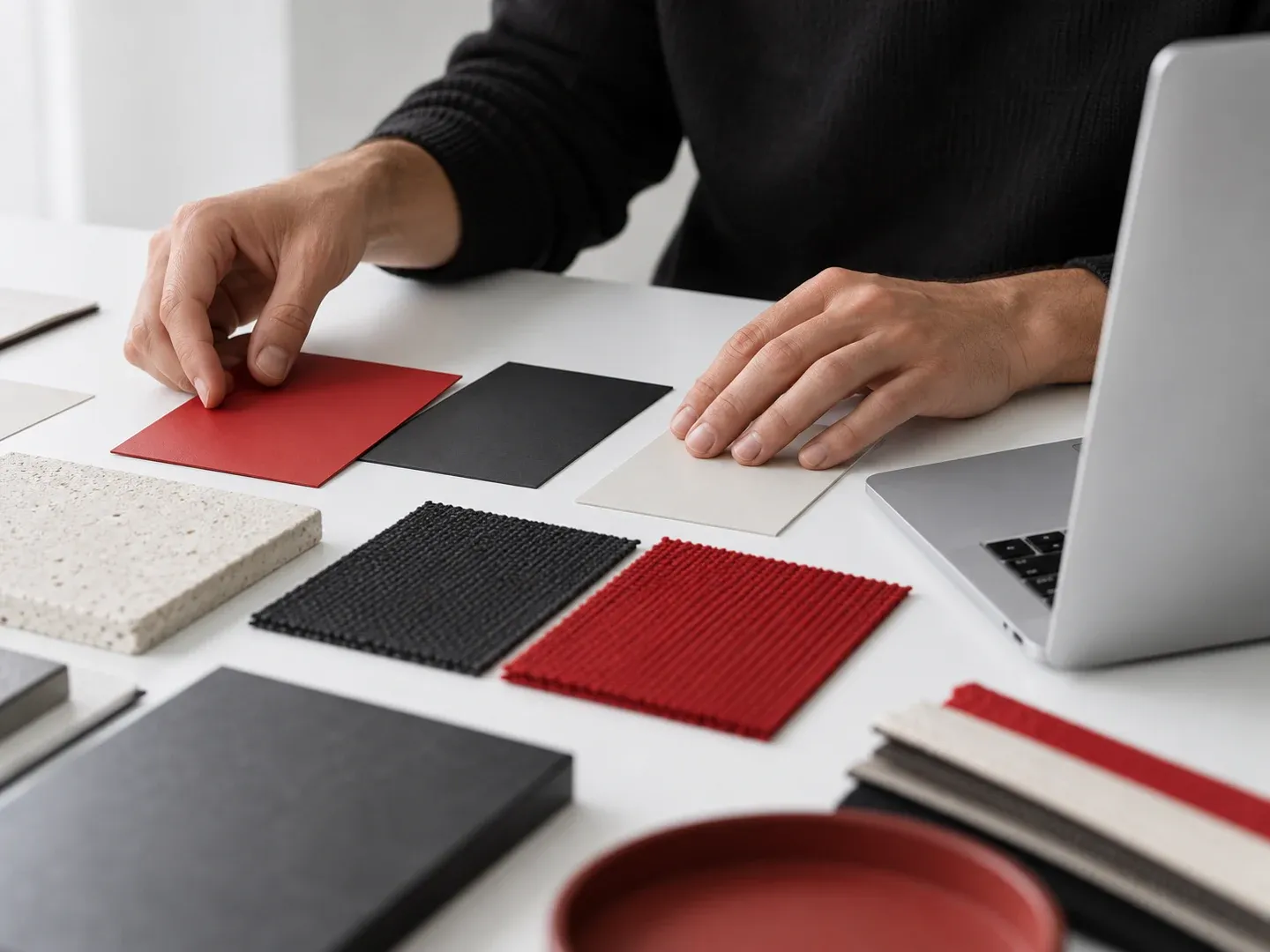 Manos de un diseñador organizando materiales y colores de identidad junto a un ordenador