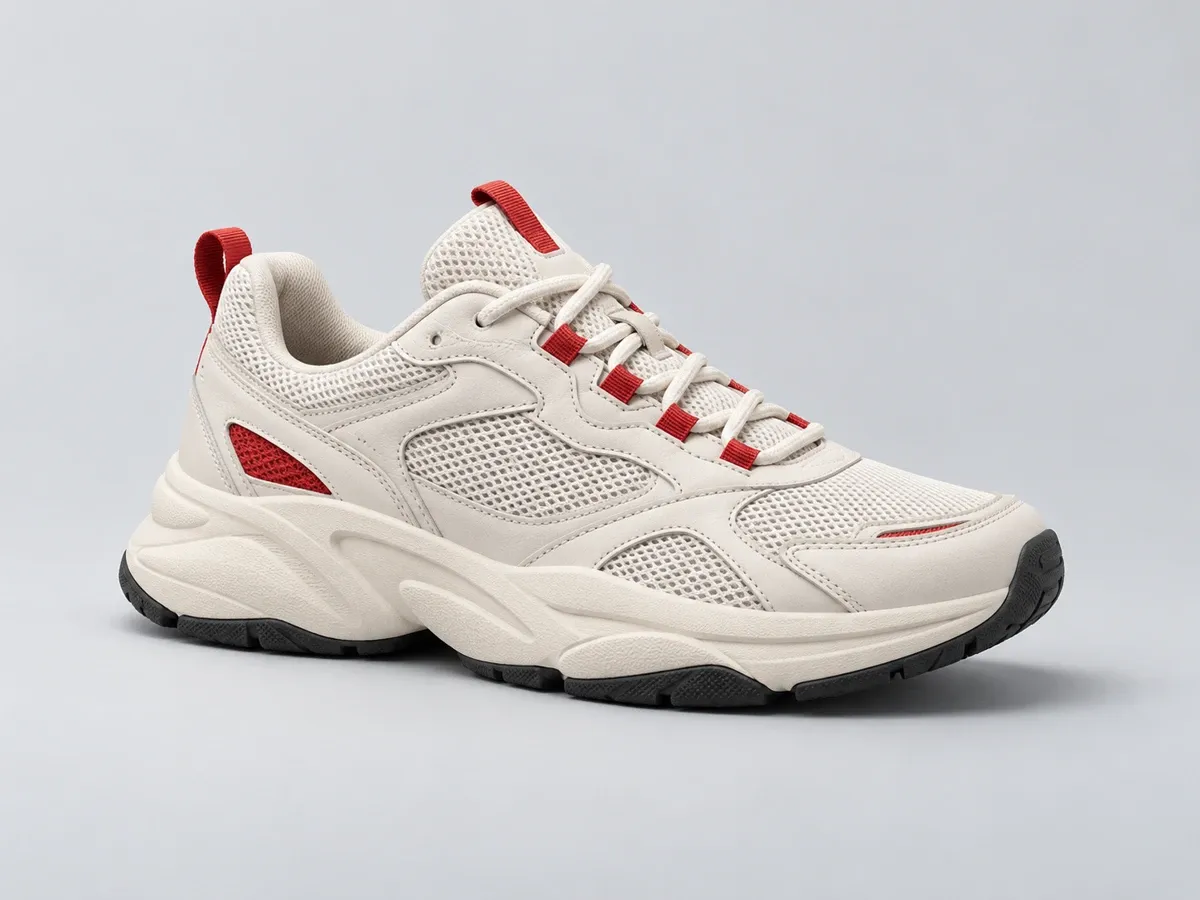 Zapatilla crema y roja presentada como producto de una tienda de moda de ejemplo